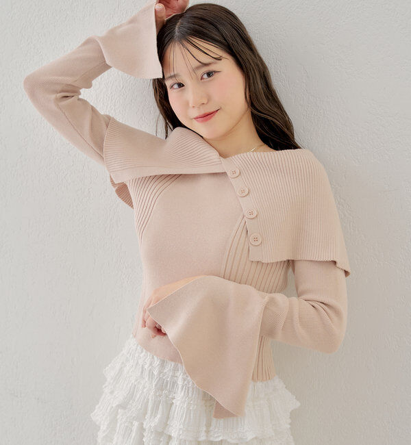  「襟釦デザインビックカラーオフショルリブニット」|ニット・セーター|