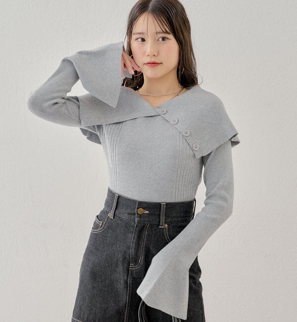  「襟釦デザインビックカラーオフショルリブニット」|ニット・セーター|