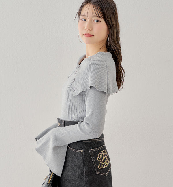  「襟釦デザインビックカラーオフショルリブニット」|ニット・セーター|