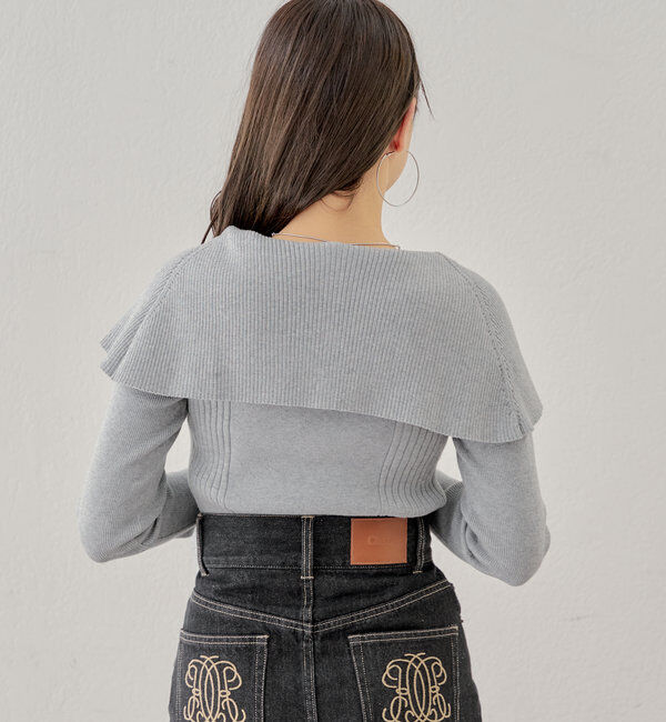  「襟釦デザインビックカラーオフショルリブニット」|ニット・セーター|
