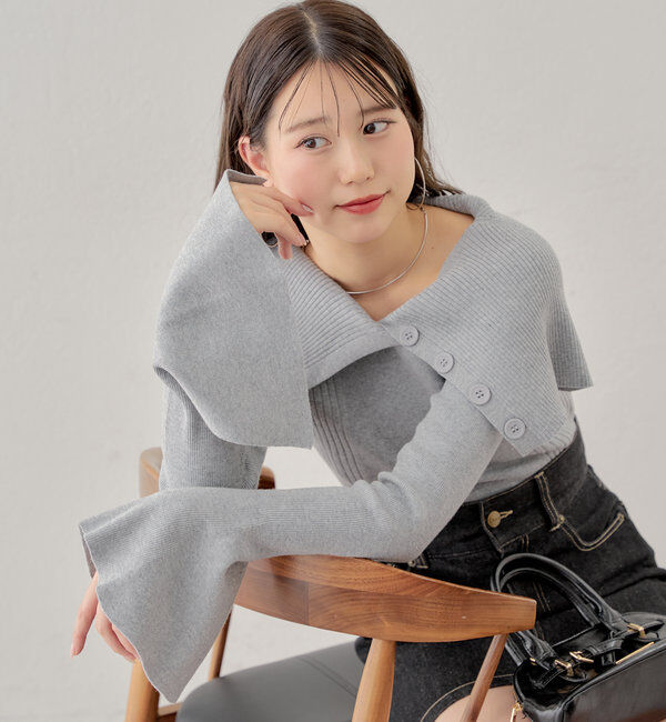  「襟釦デザインビックカラーオフショルリブニット」|ニット・セーター|