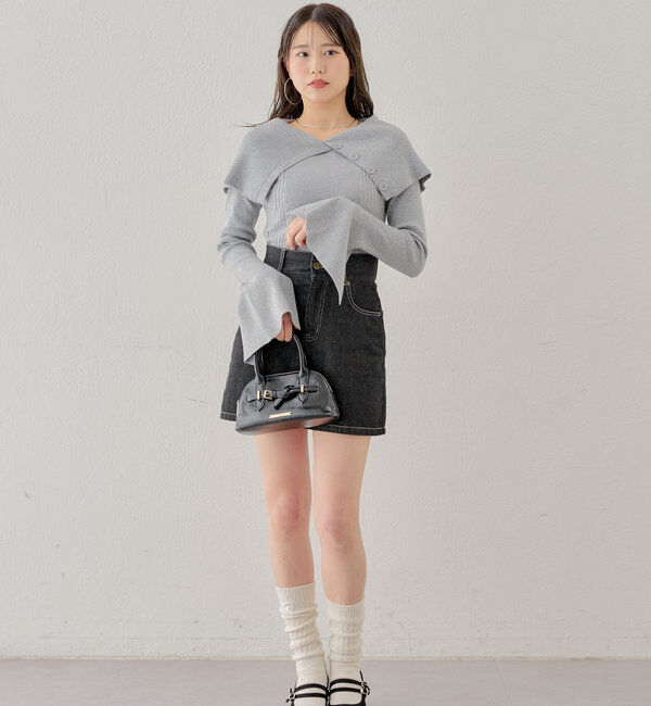  「襟釦デザインビックカラーオフショルリブニット」|ニット・セーター|