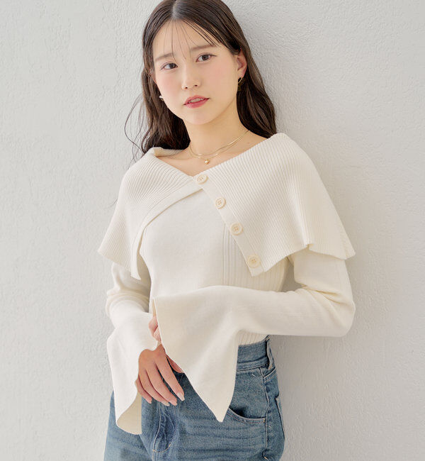  「襟釦デザインビックカラーオフショルリブニット」|ニット・セーター|