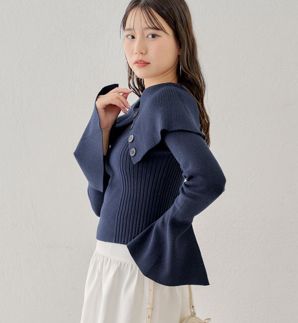  「襟釦デザインビックカラーオフショルリブニット」|ニット・セーター|