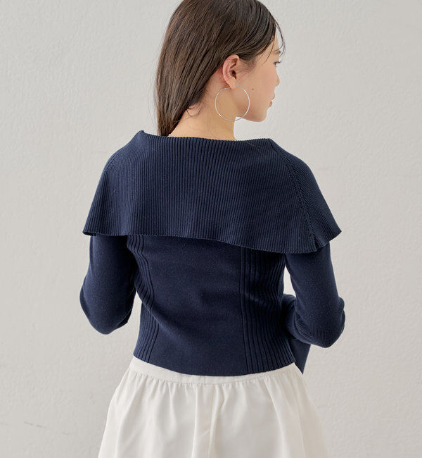  「襟釦デザインビックカラーオフショルリブニット」|ニット・セーター|
