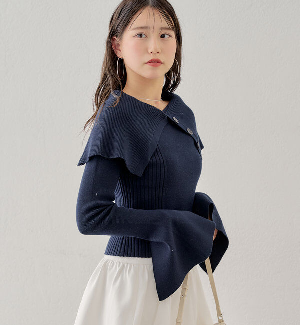  「襟釦デザインビックカラーオフショルリブニット」|ニット・セーター|