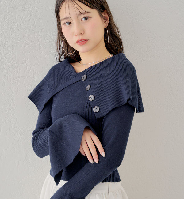  「襟釦デザインビックカラーオフショルリブニット」|ニット・セーター|