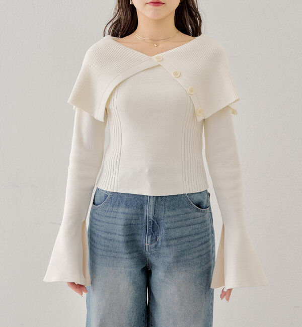  「襟釦デザインビックカラーオフショルリブニット」|ニット・セーター|