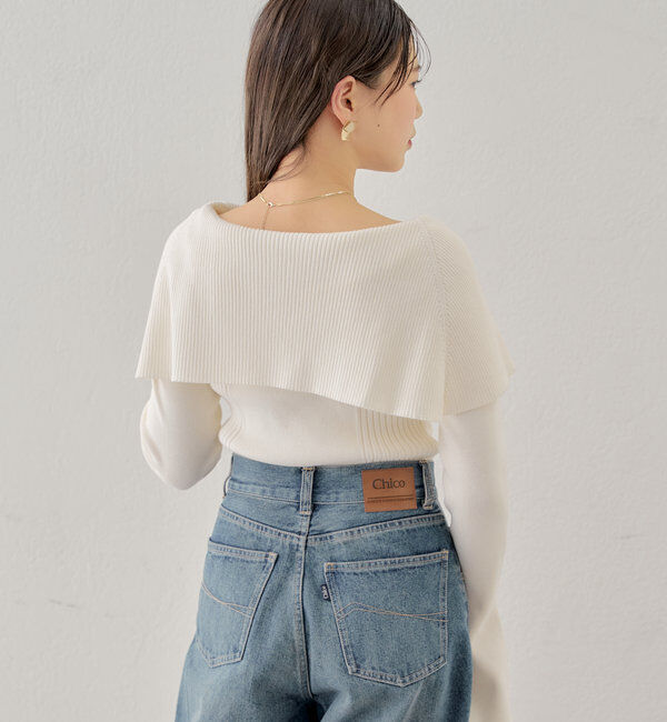  「襟釦デザインビックカラーオフショルリブニット」|ニット・セーター|