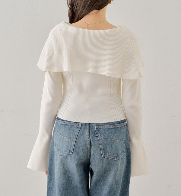  「襟釦デザインビックカラーオフショルリブニット」|ニット・セーター|