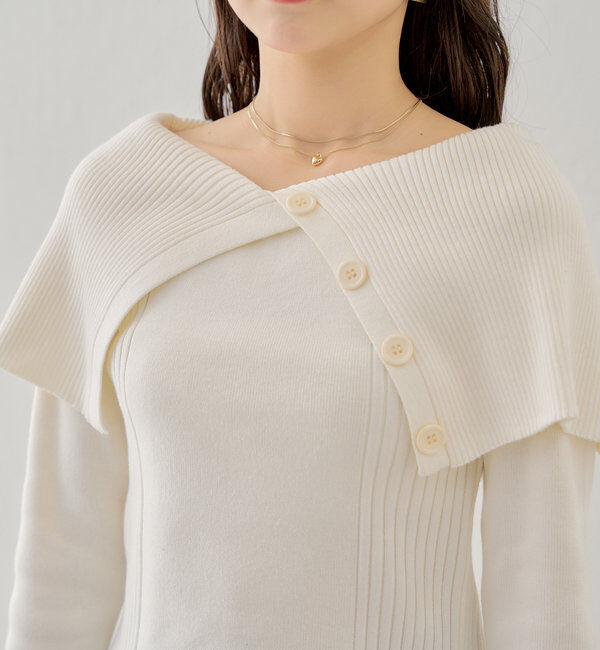  「襟釦デザインビックカラーオフショルリブニット」|ニット・セーター|