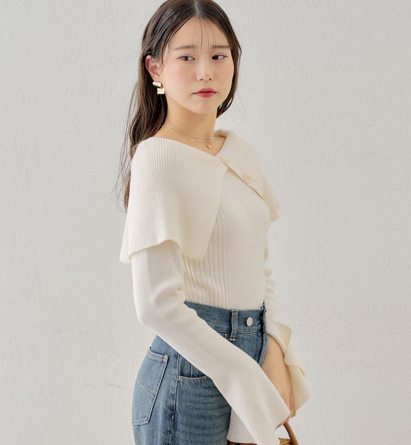  「襟釦デザインビックカラーオフショルリブニット」|ニット・セーター|