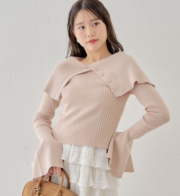  「襟釦デザインビックカラーオフショルリブニット」|ニット・セーター|