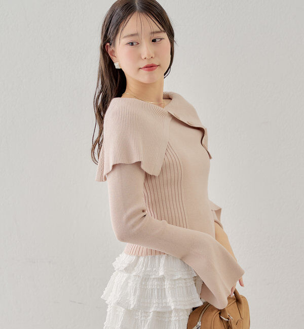  「襟釦デザインビックカラーオフショルリブニット」|ニット・セーター|