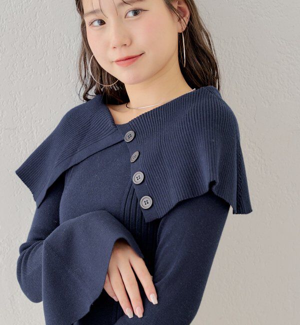  「襟釦デザインビックカラーオフショルリブニット」|ニット・セーター|ネイビー