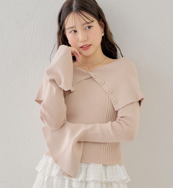  「襟釦デザインビックカラーオフショルリブニット」|ニット・セーター|ピンク