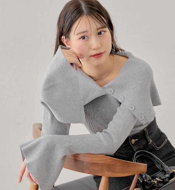  「襟釦デザインビックカラーオフショルリブニット」|ニット・セーター|グレー