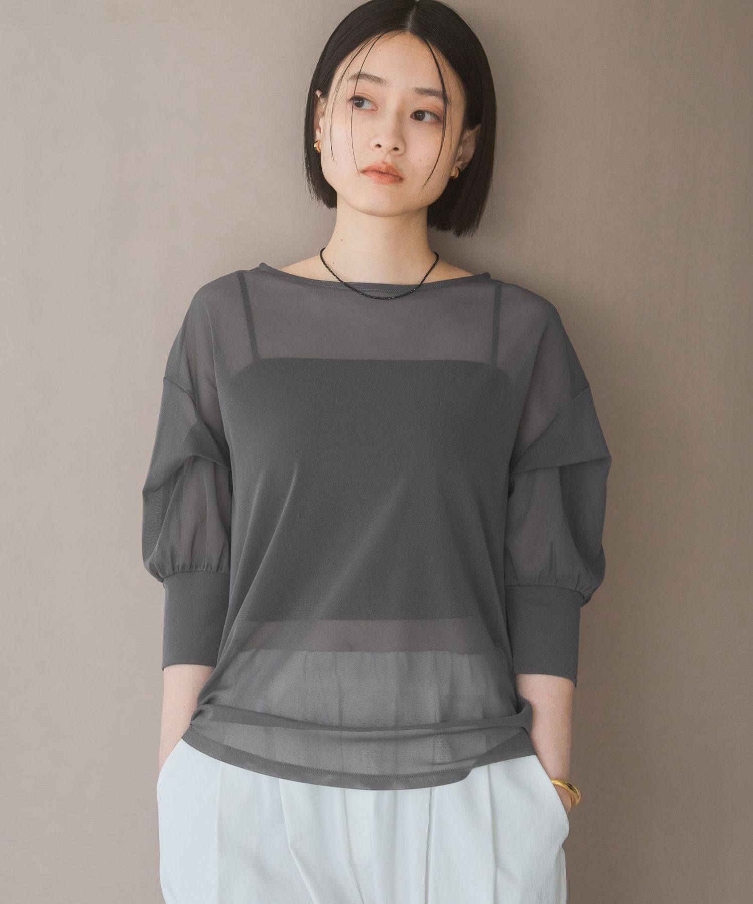 A part by 「チュールパフプルオーバー_半袖」|Tシャツ・カットソー|チャコールグレー