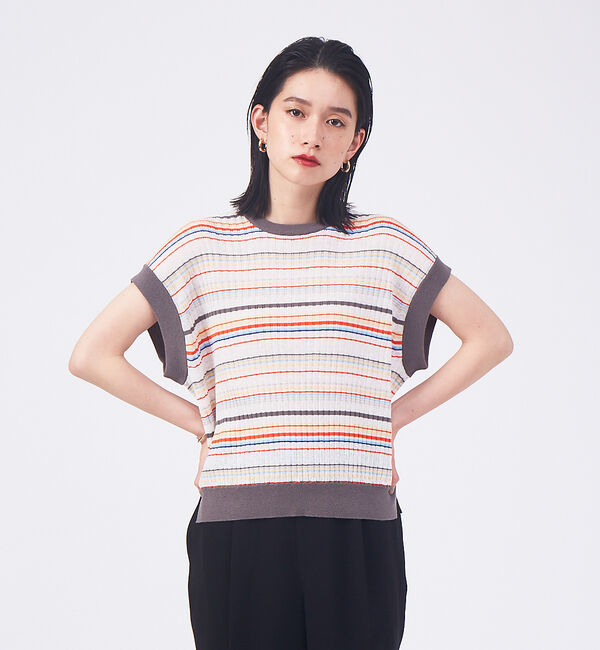 qualite「マルチボーダーリブニット」|ニット・セーター|オレンジ