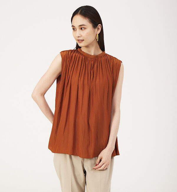 qualite「【WEB・一部店舗限定】ギャザーノースリーブブラウス」|シャツ・ブラウス|ブラウン