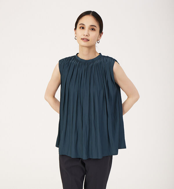 qualite「【WEB・一部店舗限定】ギャザーノースリーブブラウス」|シャツ・ブラウス|ダークグリーン