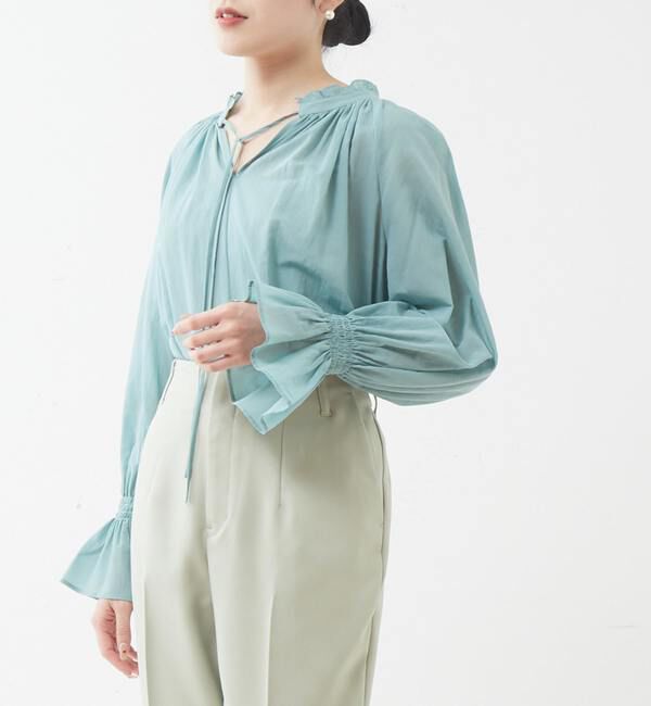 TIARA「袖フリルスキッパーブラウス」|シャツ・ブラウス|グリーン
