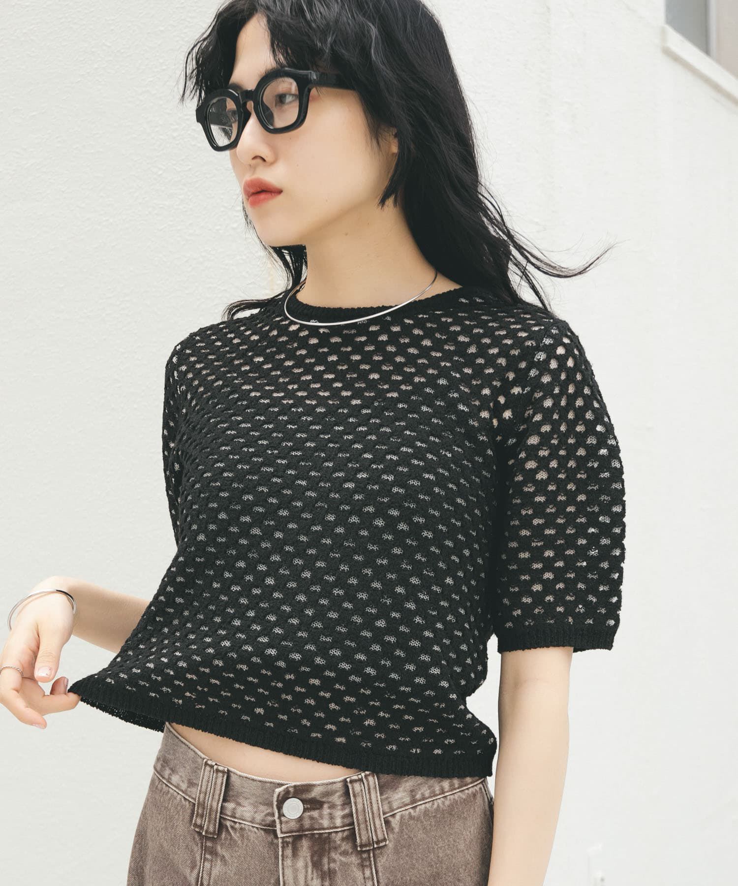  「ループヤーンメッシュプルオーバー」|ニット・セーター|ブラック