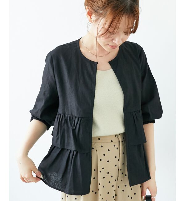  「《着映え◎》コットン麻フリルティアードジャケット」|その他|ブラック