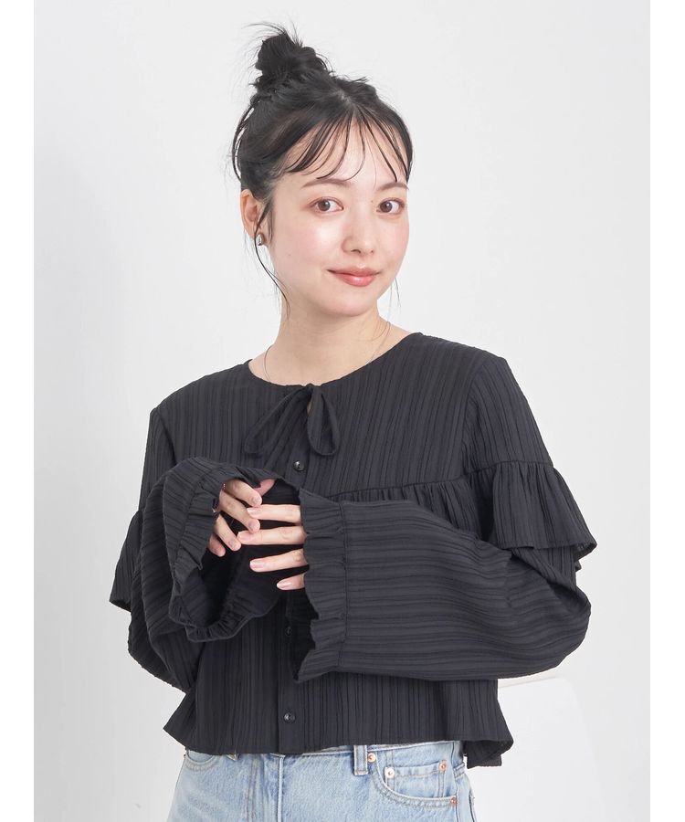 earth music&ecology「フリル切替えショートブラウス」|シャツ・ブラウス|Black