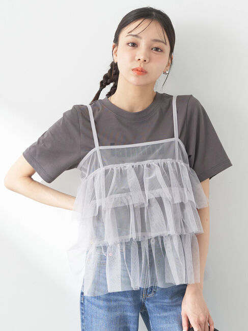 earth music&ecology「チュールティアードフリルキャミソール」|ベスト・ジレ|アイスグレー