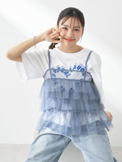 earth music&ecology「チュールティアードフリルキャミソール」|ベスト・ジレ|ブルーグレー