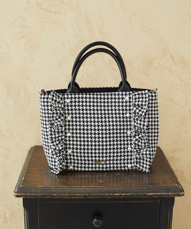 Maison de FLEUR「2Way千鳥柄フリルトートMバッグ」|トートバッグ|ブラック