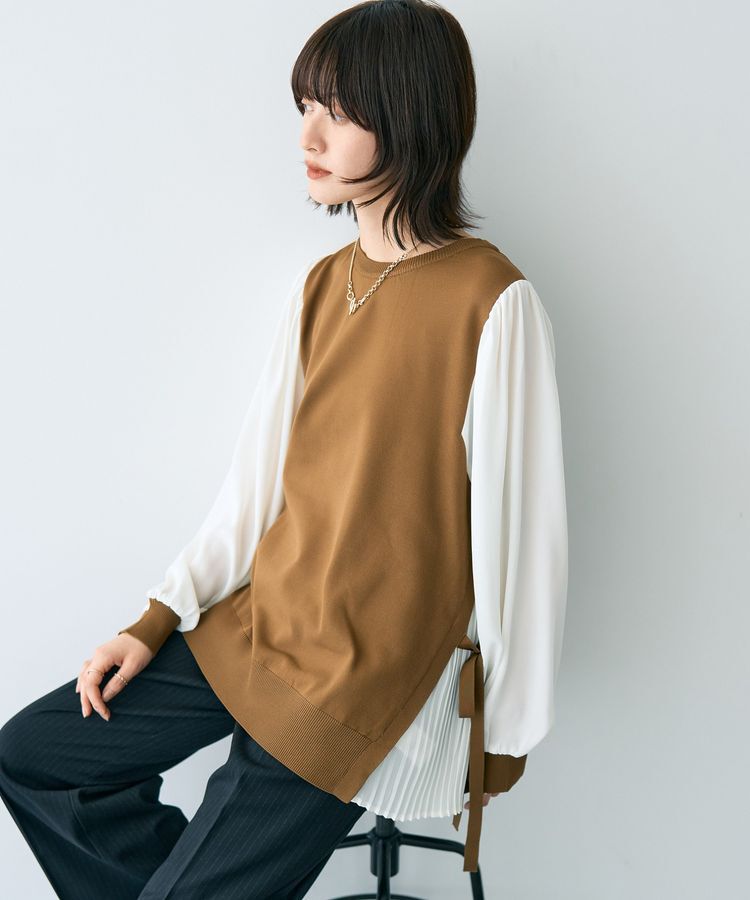 YECCA VECCA「サイドプリーツ異素材MIXプルオーバー」|ニット・セーター|