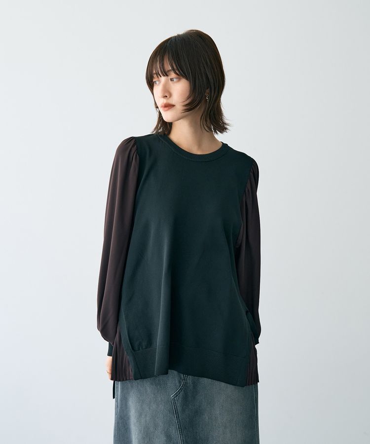 YECCA VECCA「サイドプリーツ異素材MIXプルオーバー」|ニット・セーター|