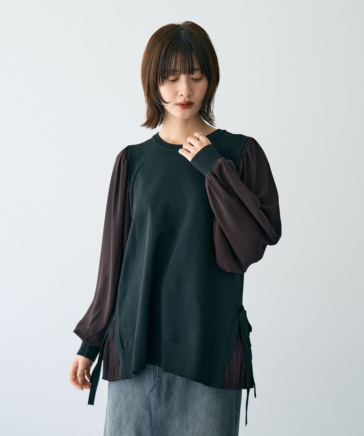 YECCA VECCA「サイドプリーツ異素材MIXプルオーバー」|ニット・セーター|