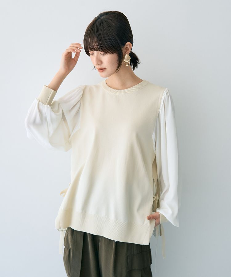 YECCA VECCA「サイドプリーツ異素材MIXプルオーバー」|ニット・セーター|