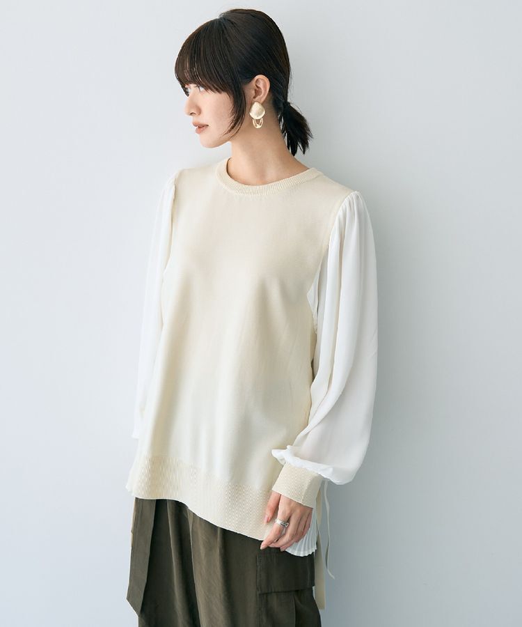 YECCA VECCA「サイドプリーツ異素材MIXプルオーバー」|ニット・セーター|