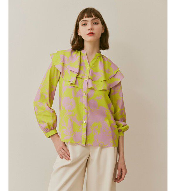 LOULOU WILLOUGHBY「【LOULOU WILLOUGHBY】ツートンフラワーラッフルブラウス」|シャツ・ブラウス|グリーン系