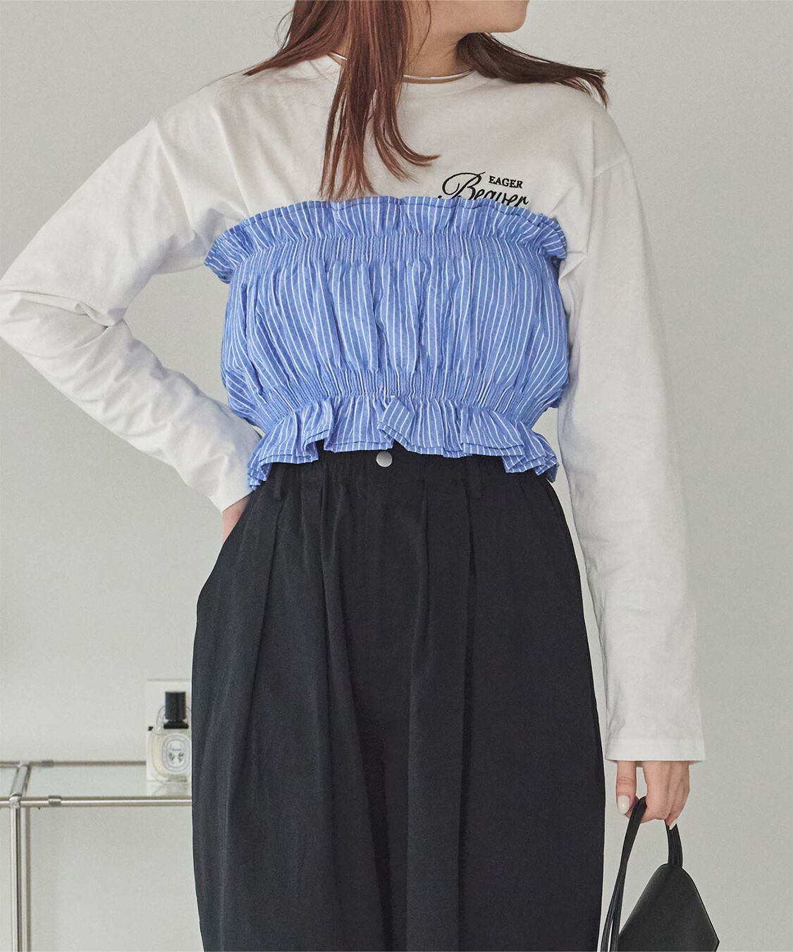 titivate「サッカーストライプシャーリングビスチェ」|チューブトップ|ストライプ/ブルー