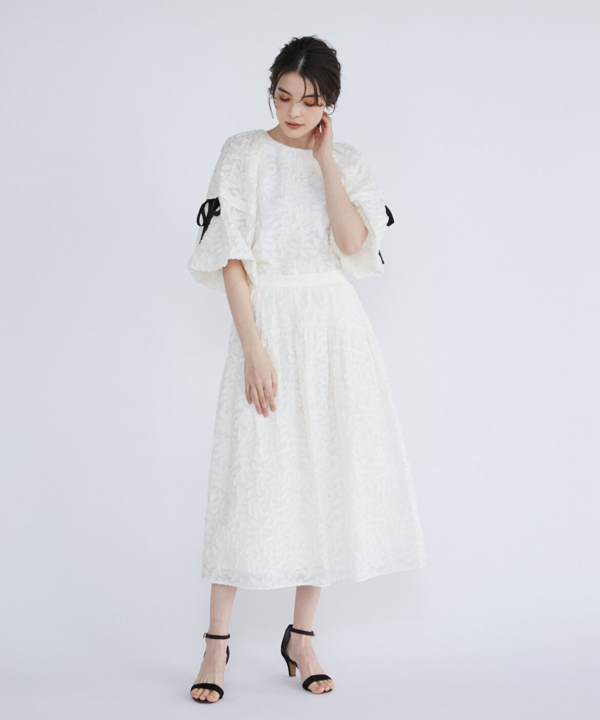 Maglie le cassetto「リーフ柄ジャガードティアードスカート」|フレア|オフホワイト1