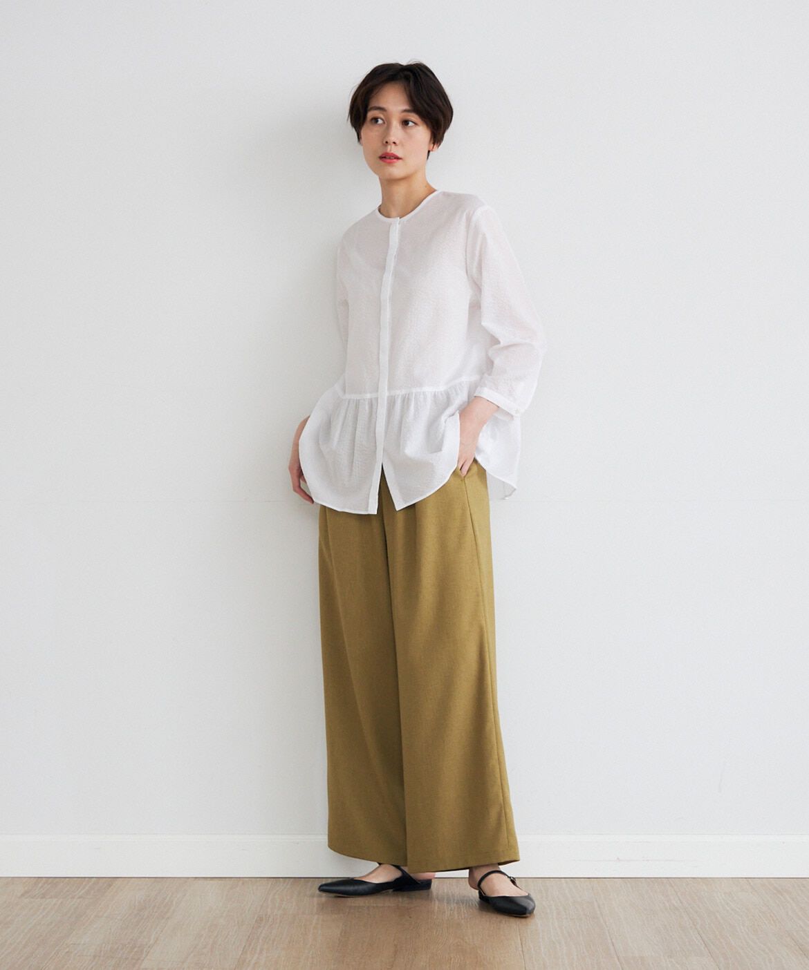 7-IDconcept.「《大きいサイズ》コットンペプラムギャザーブラウス」|シャツ・ブラウス|