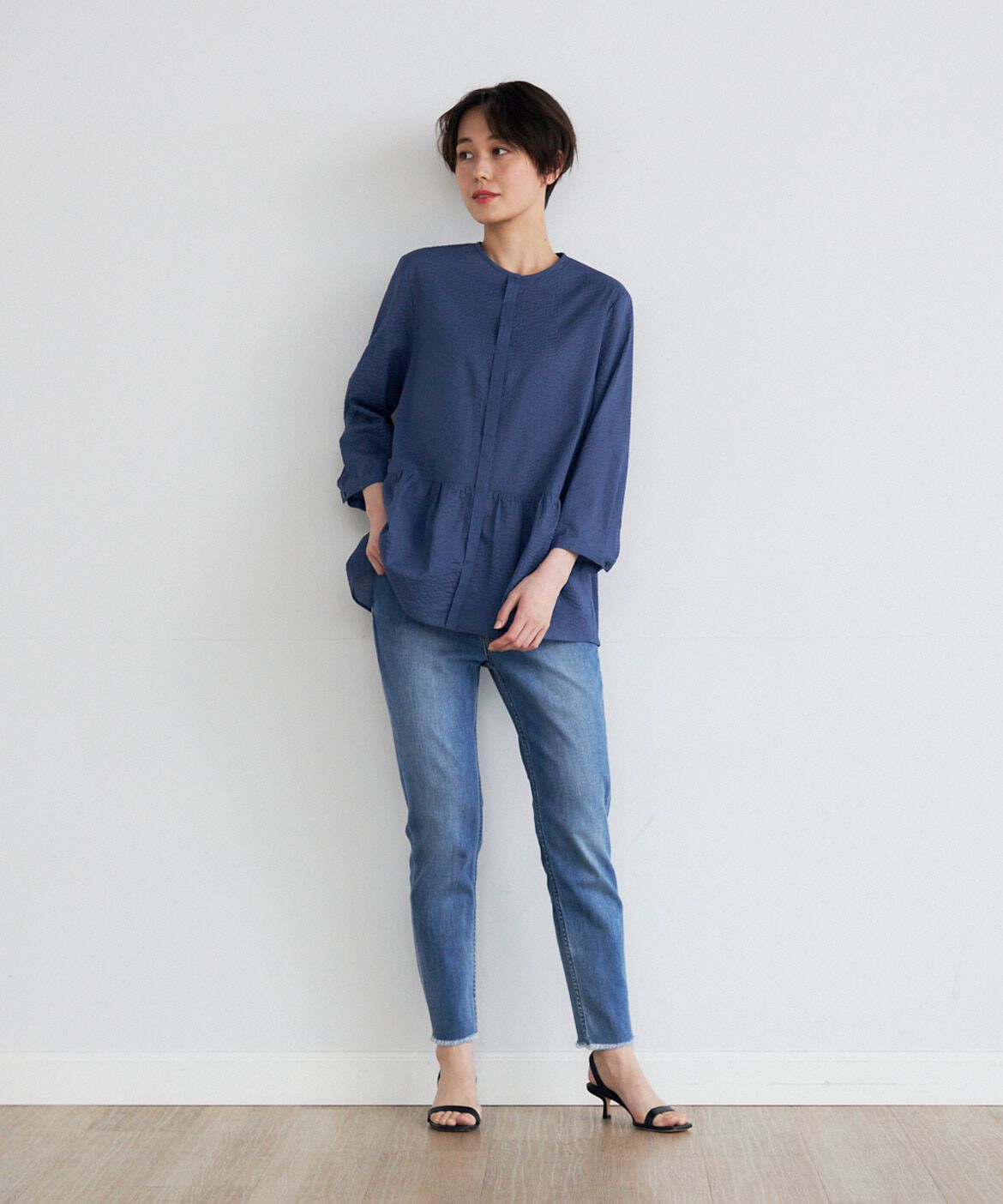 7-IDconcept.「《大きいサイズ》コットンペプラムギャザーブラウス」|シャツ・ブラウス|