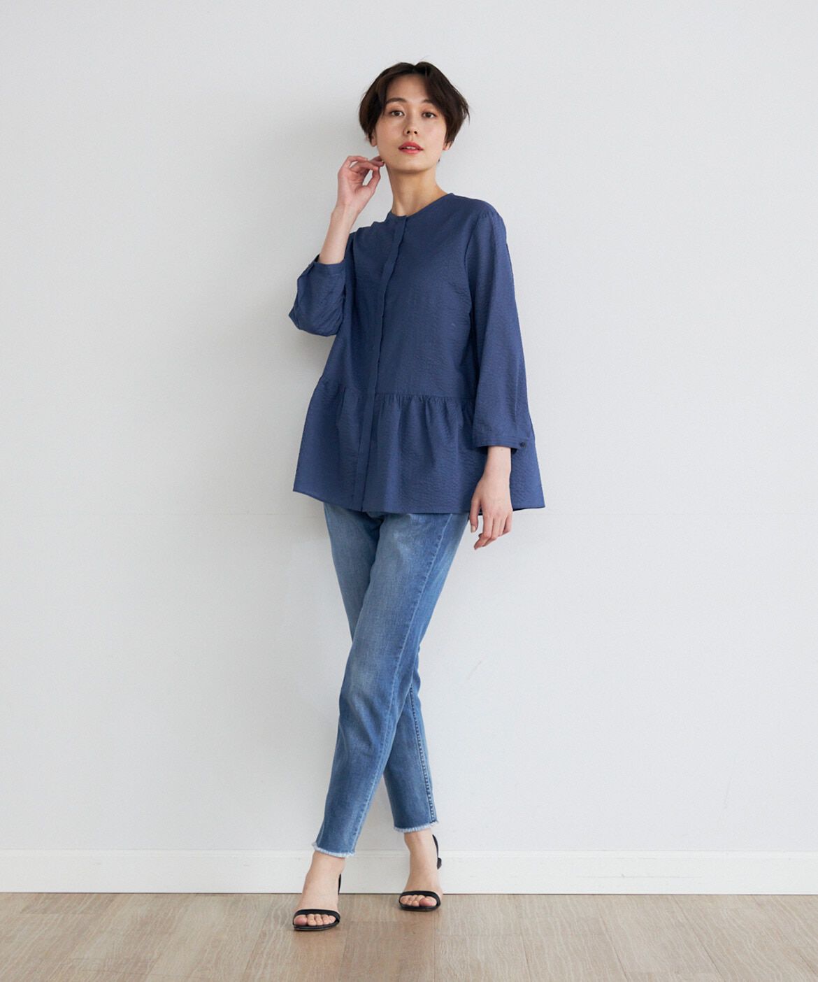 7-IDconcept.「《大きいサイズ》コットンペプラムギャザーブラウス」|シャツ・ブラウス|