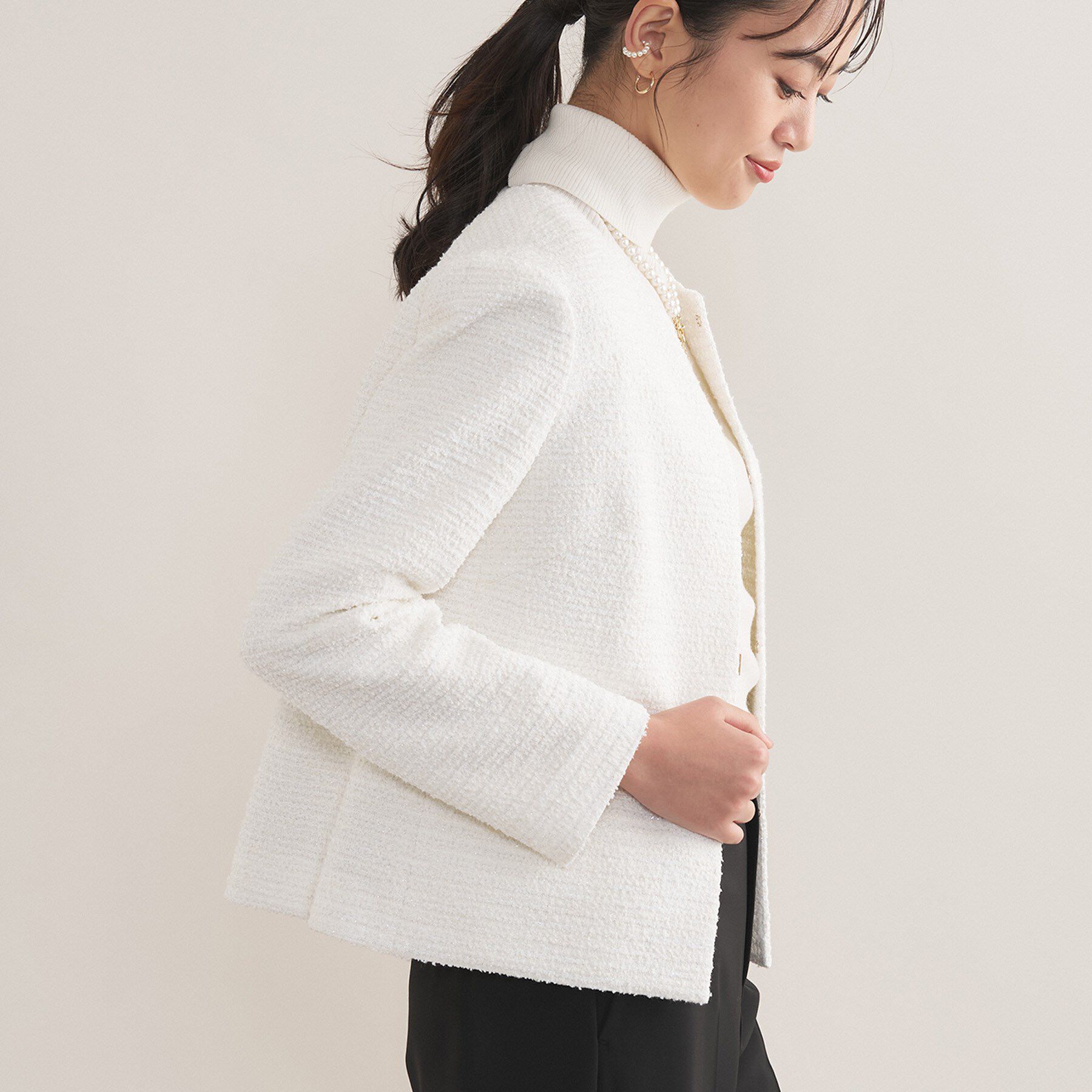 INDIVI「【セレモニー／洗える】ミックスツイードライトジャケット」|ノーカラージャケット|