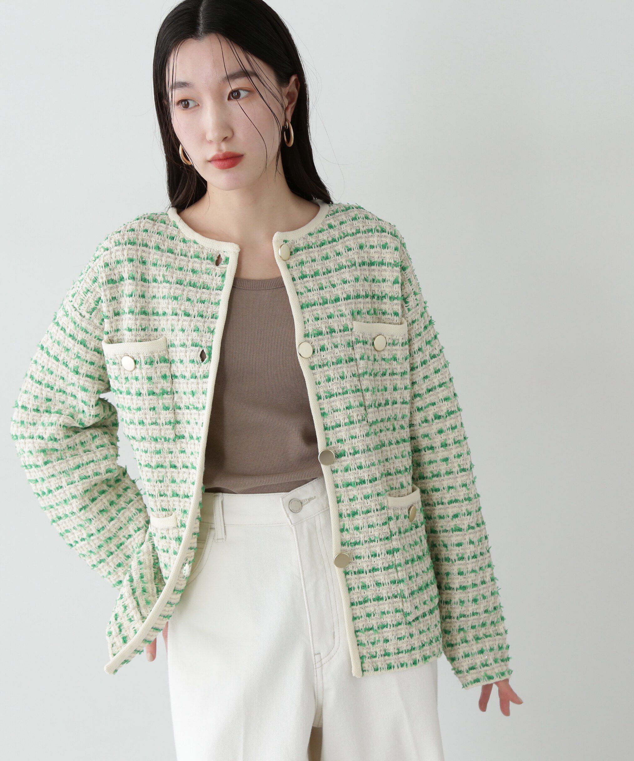  「ツイードライクロングニットブルゾン」|ニット・セーター|オフ1
