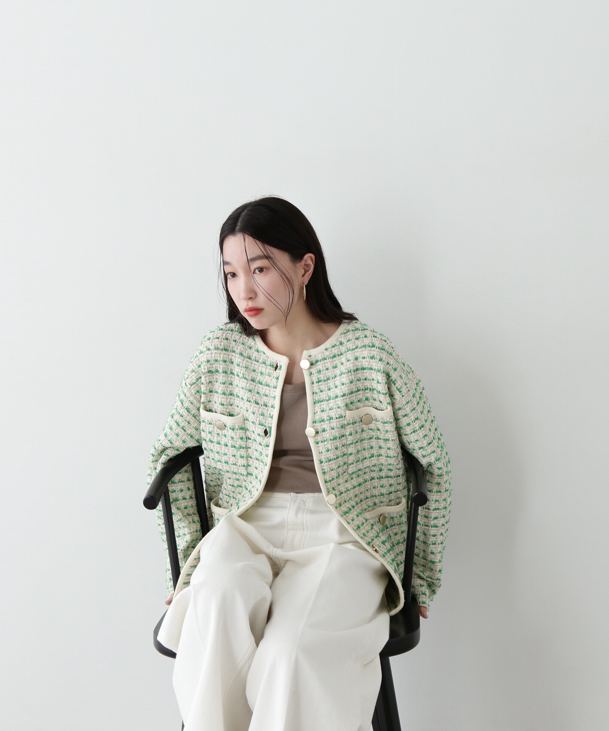  「ツイードライクロングニットブルゾン」|ニット・セーター|