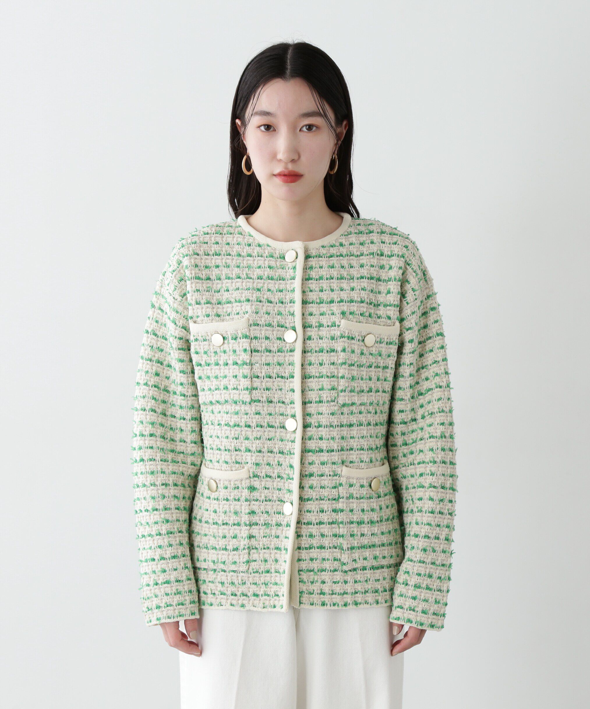 「ツイードライクロングニットブルゾン」|ニット・セーター|