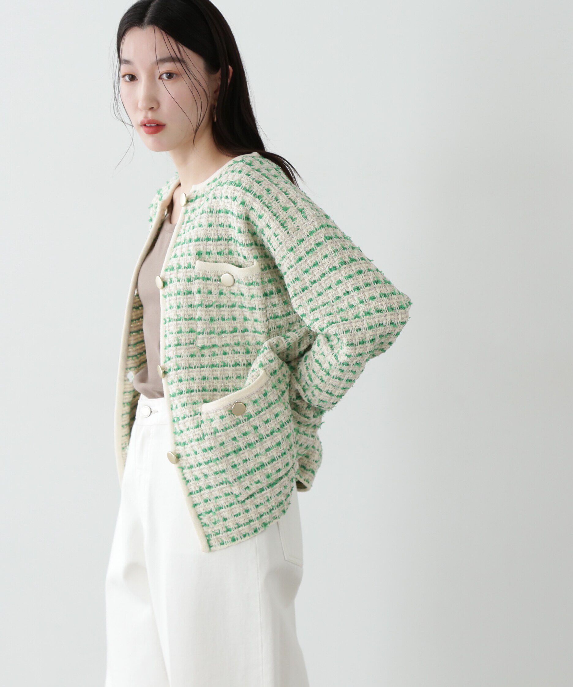 「ツイードライクロングニットブルゾン」|ニット・セーター|