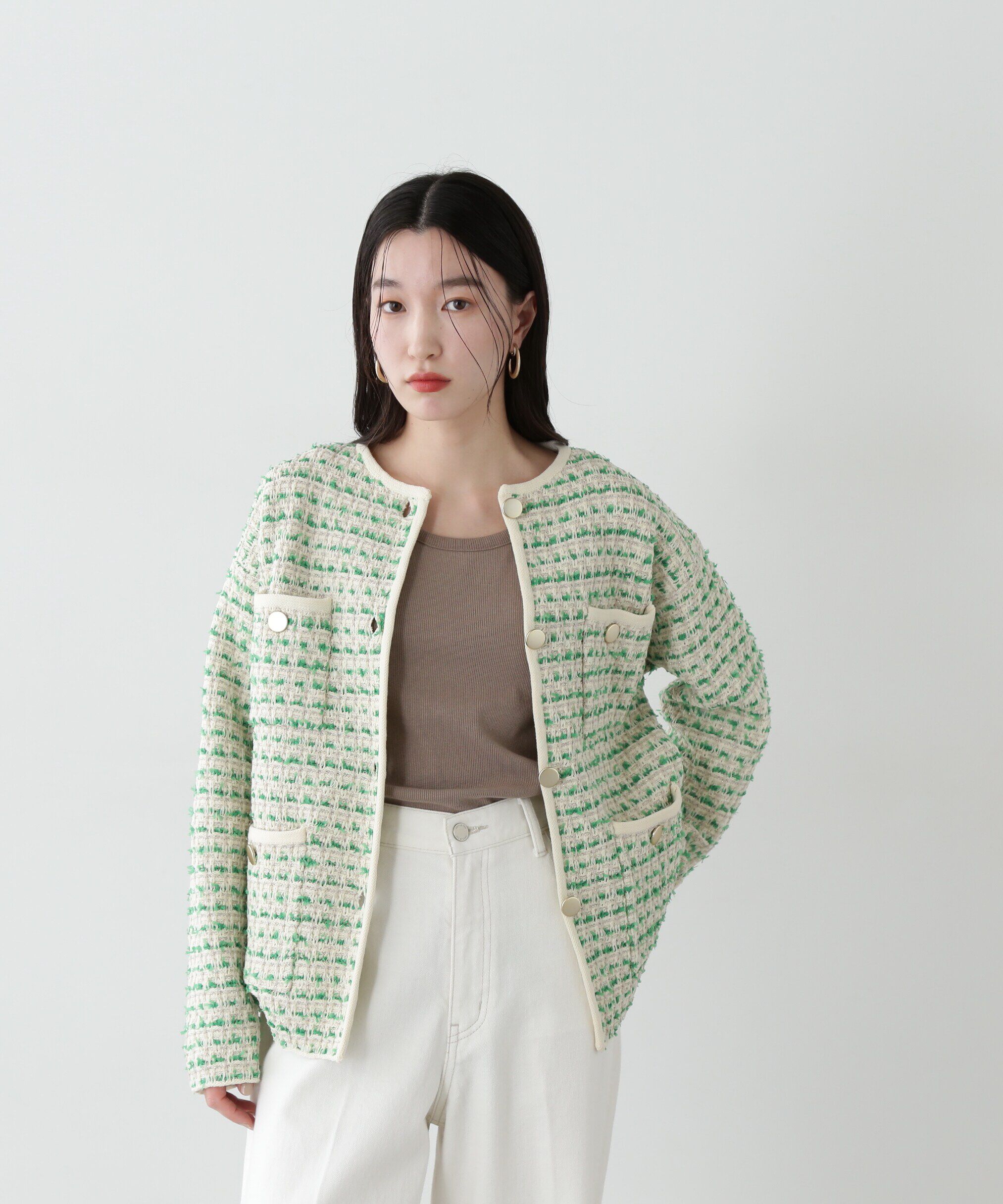  「ツイードライクロングニットブルゾン」|ニット・セーター|