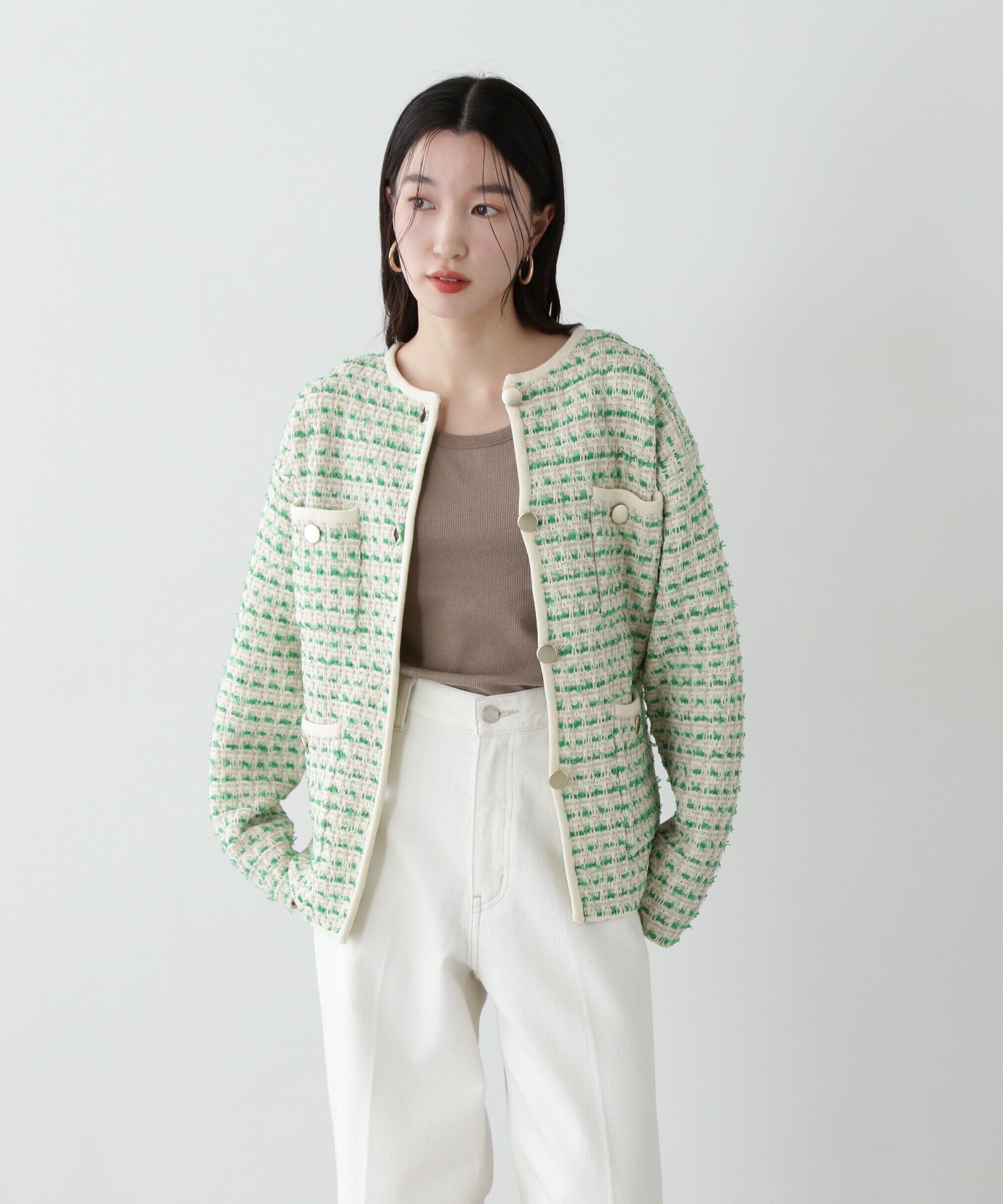  「ツイードライクロングニットブルゾン」|ニット・セーター|